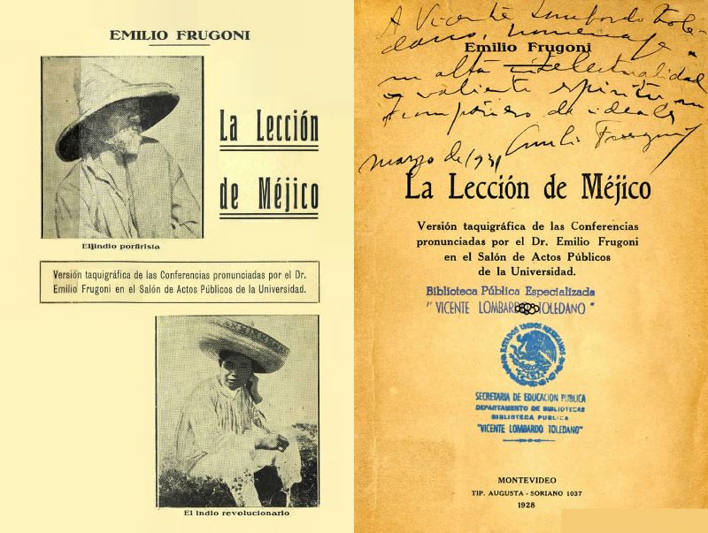 Portada del libro La lección de México con una dedicatoria de Emilio Frugoni