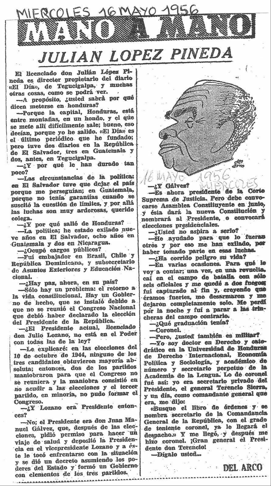 Artículo de Julián López Pineda para Mano a Mano realizada el miércoles 16 de mayo de 1956 y una caricatura de Pineda